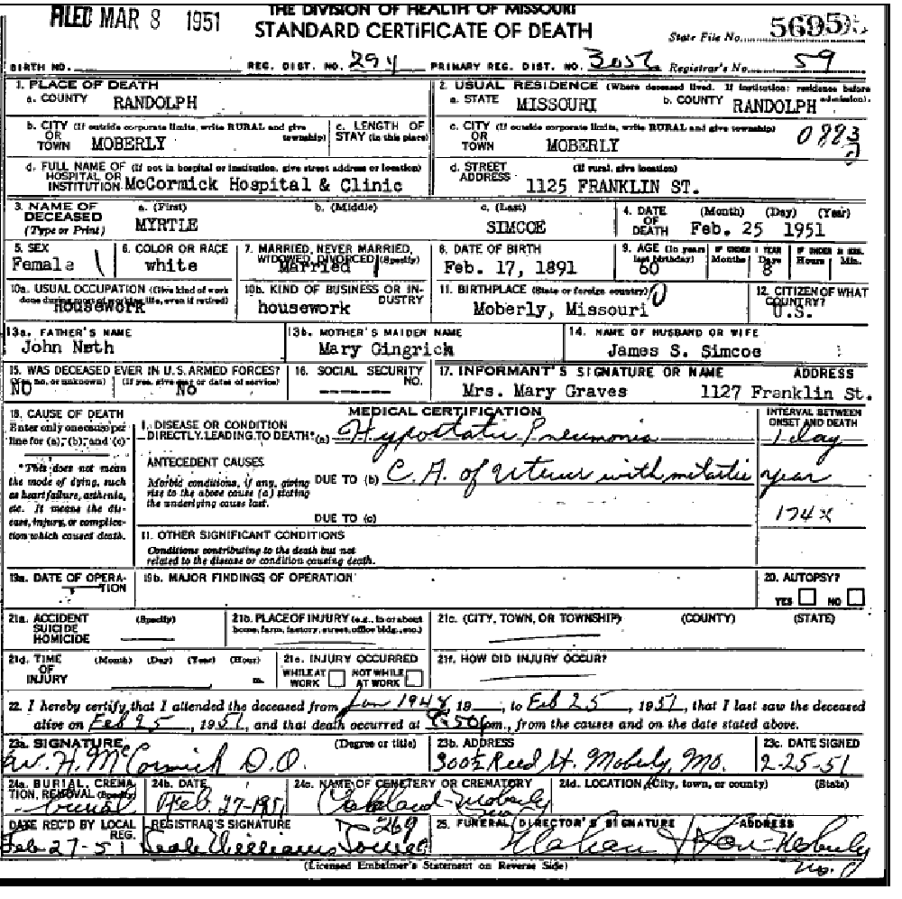 Death certificate of Simco, Myrtle Neth