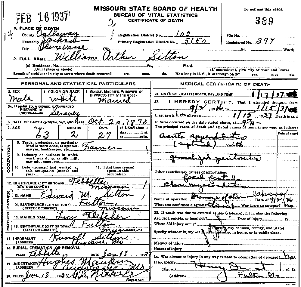 Death Certificate of Sitton, William Arthur