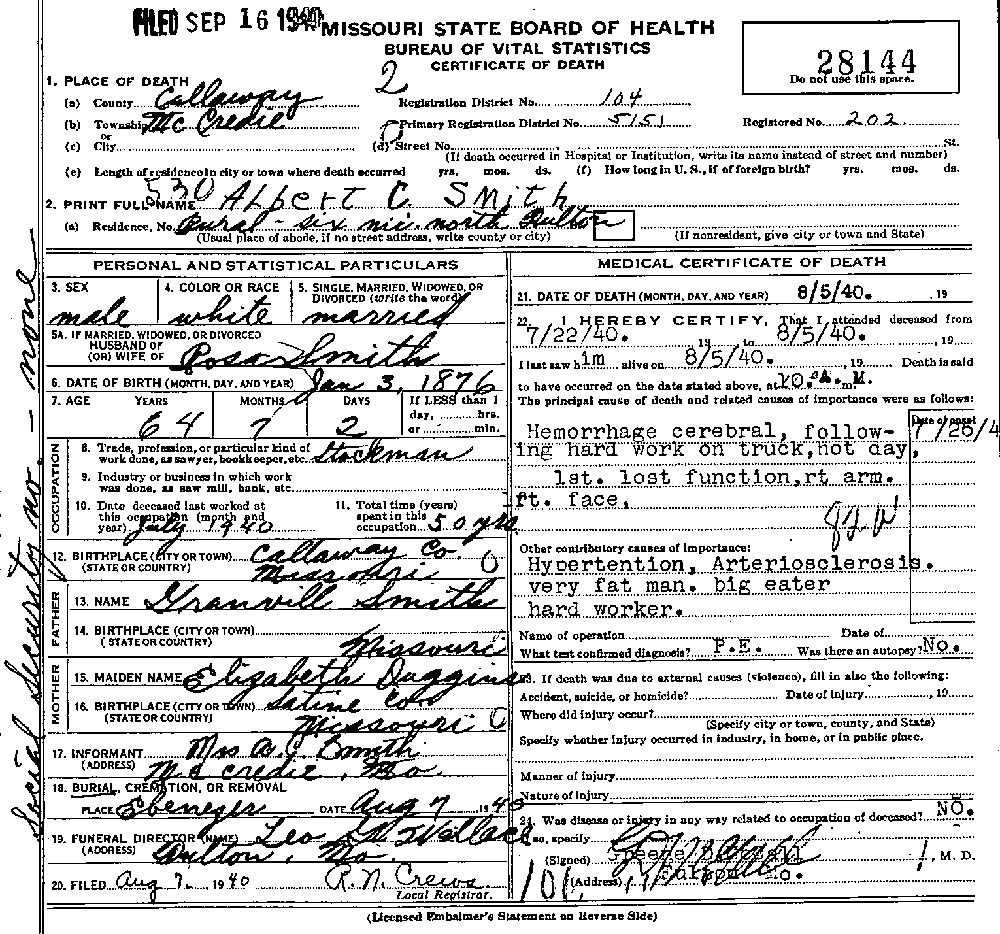 Death Certificate of Smith, Albert Chestine