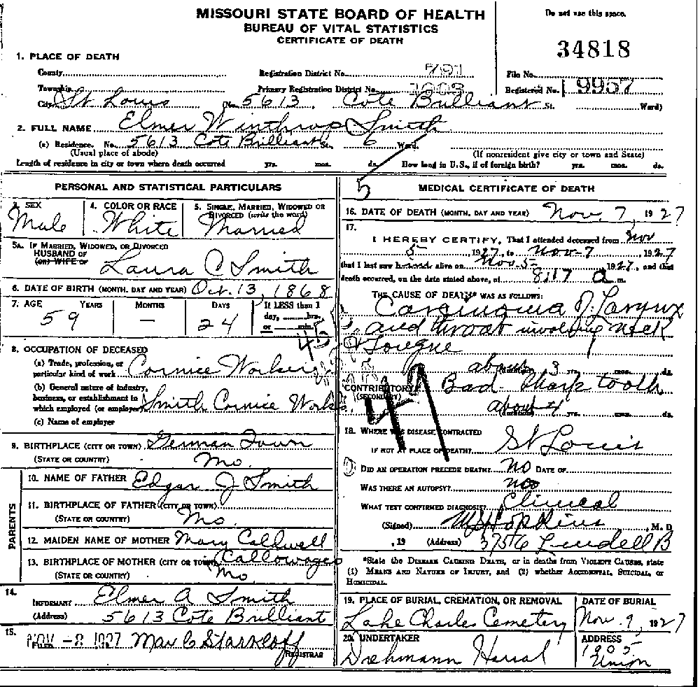 Death Certificate of Smith, Elmer Winthrop