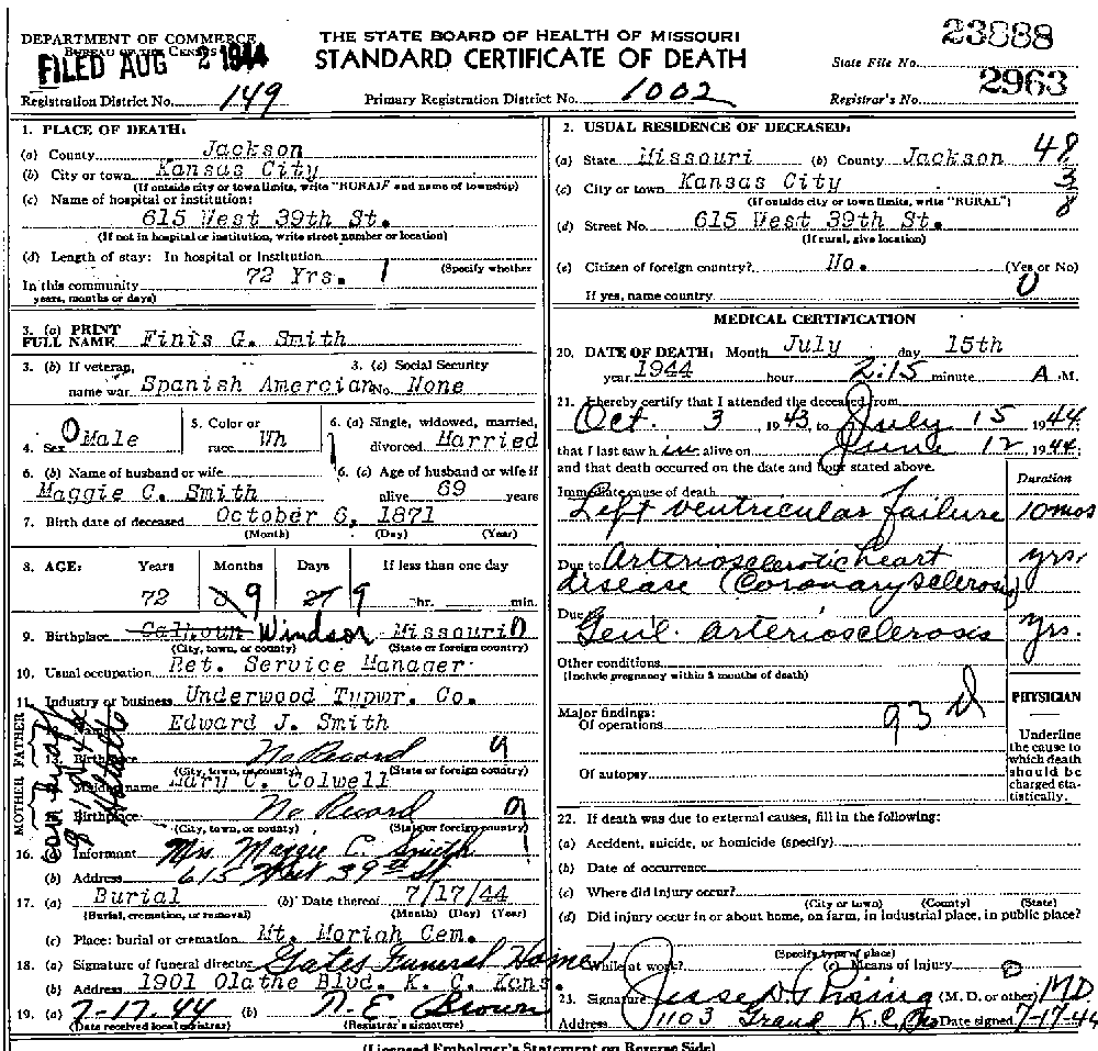 Death Certificate of Smith, Finis Goddard