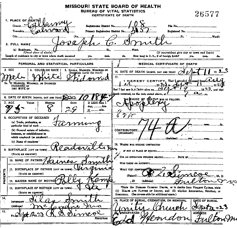 Death Certificate of Smith, Joseph C.