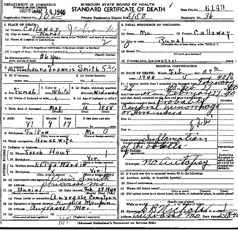 Death Certificate of Smith, Laura Francis Houf
