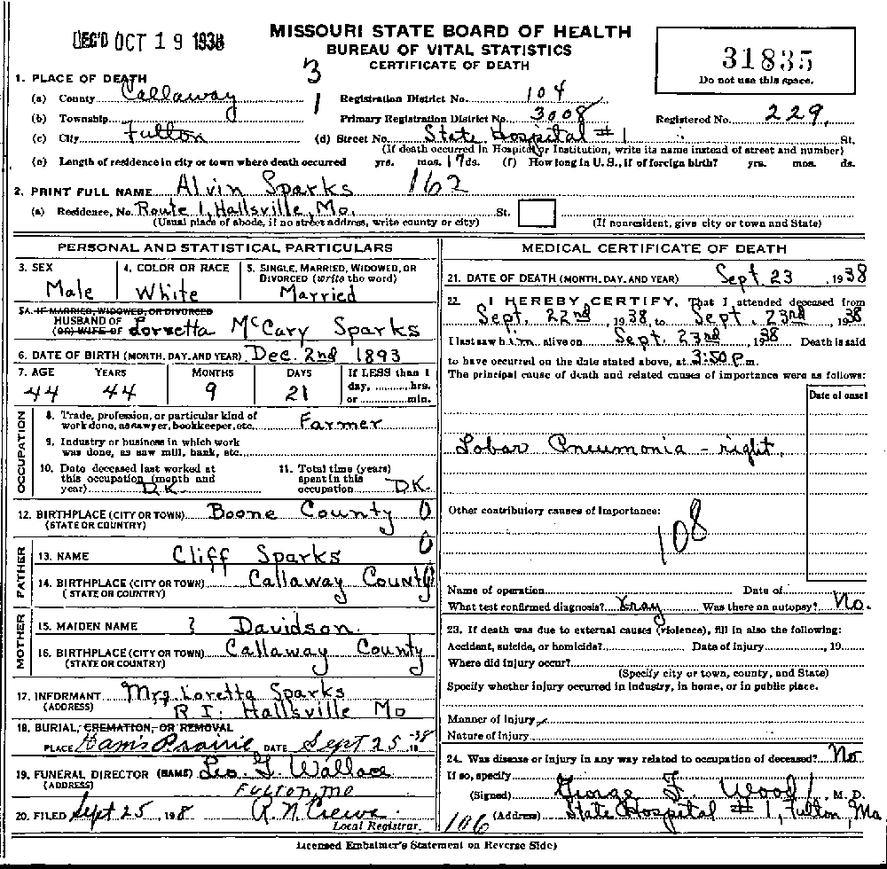 Death Certificate of Sparks, Alvin Thomas
