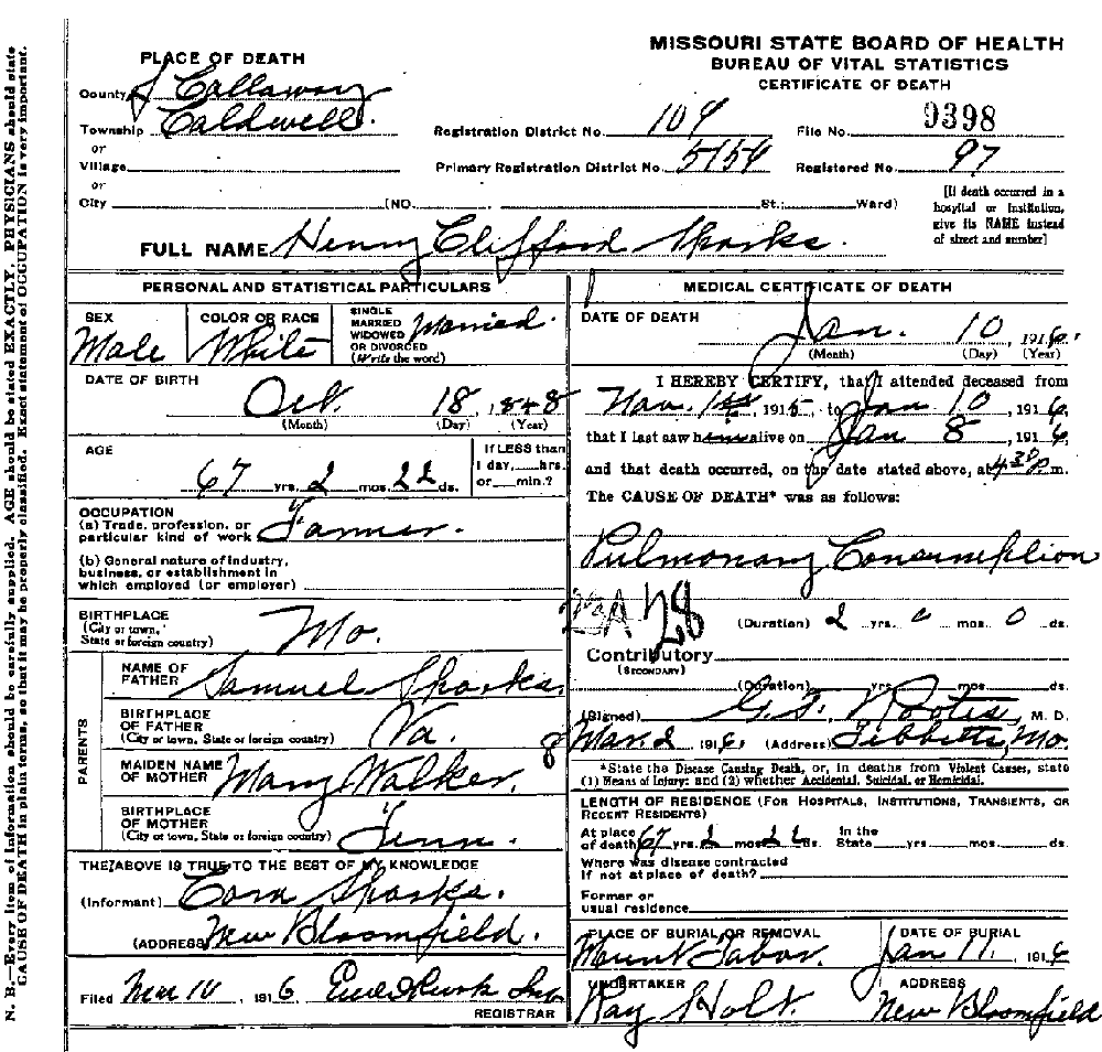 Death Certificate of Sparks, Henry Clifford