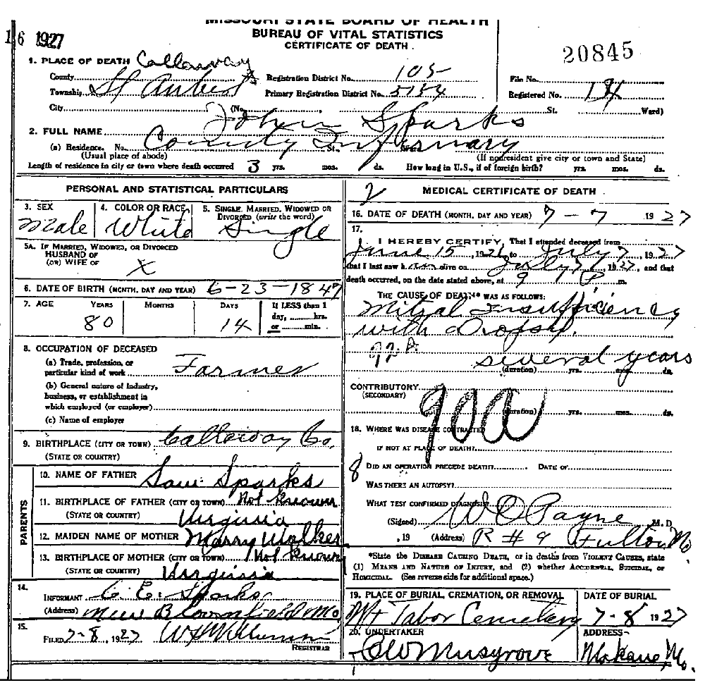 Death Certificate of Sparks, John T.