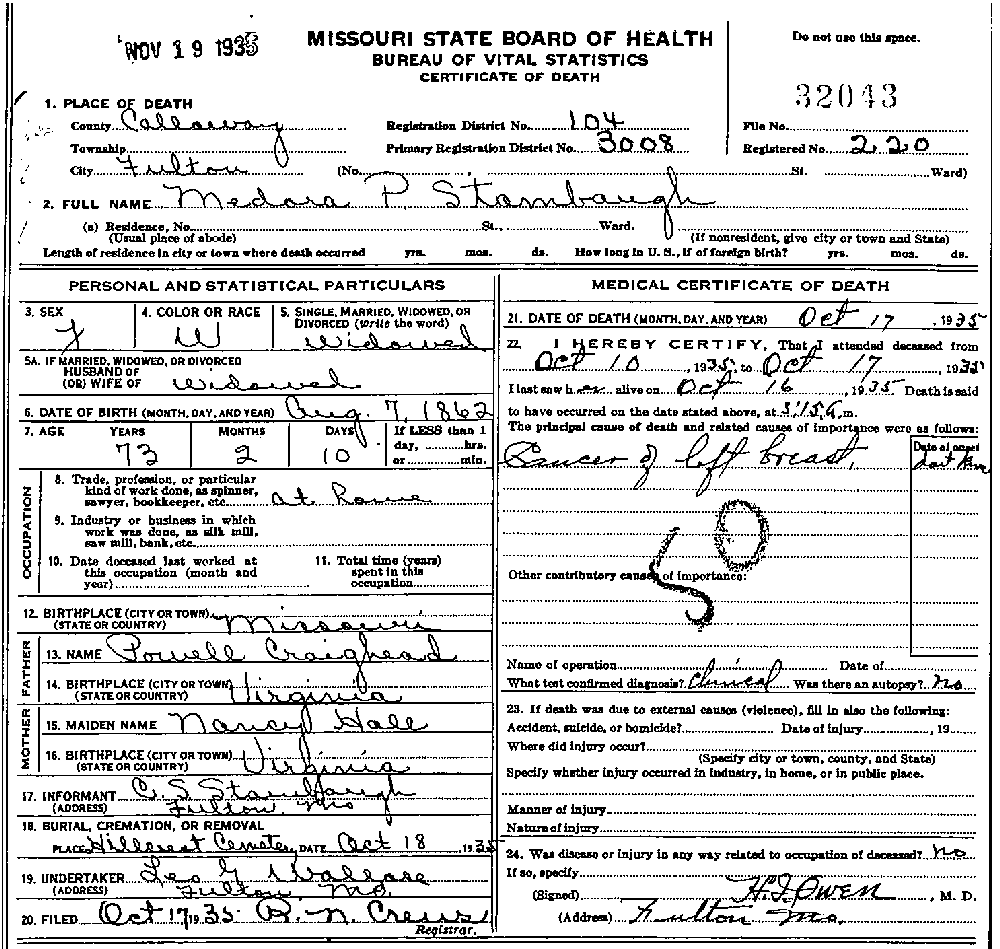 Death Certificate of Stambaugh, Madora P. Craighead