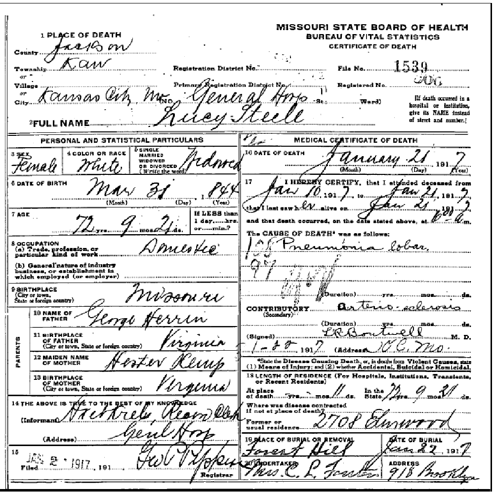 Death certificate of Steele, Lucy J.D. Herring