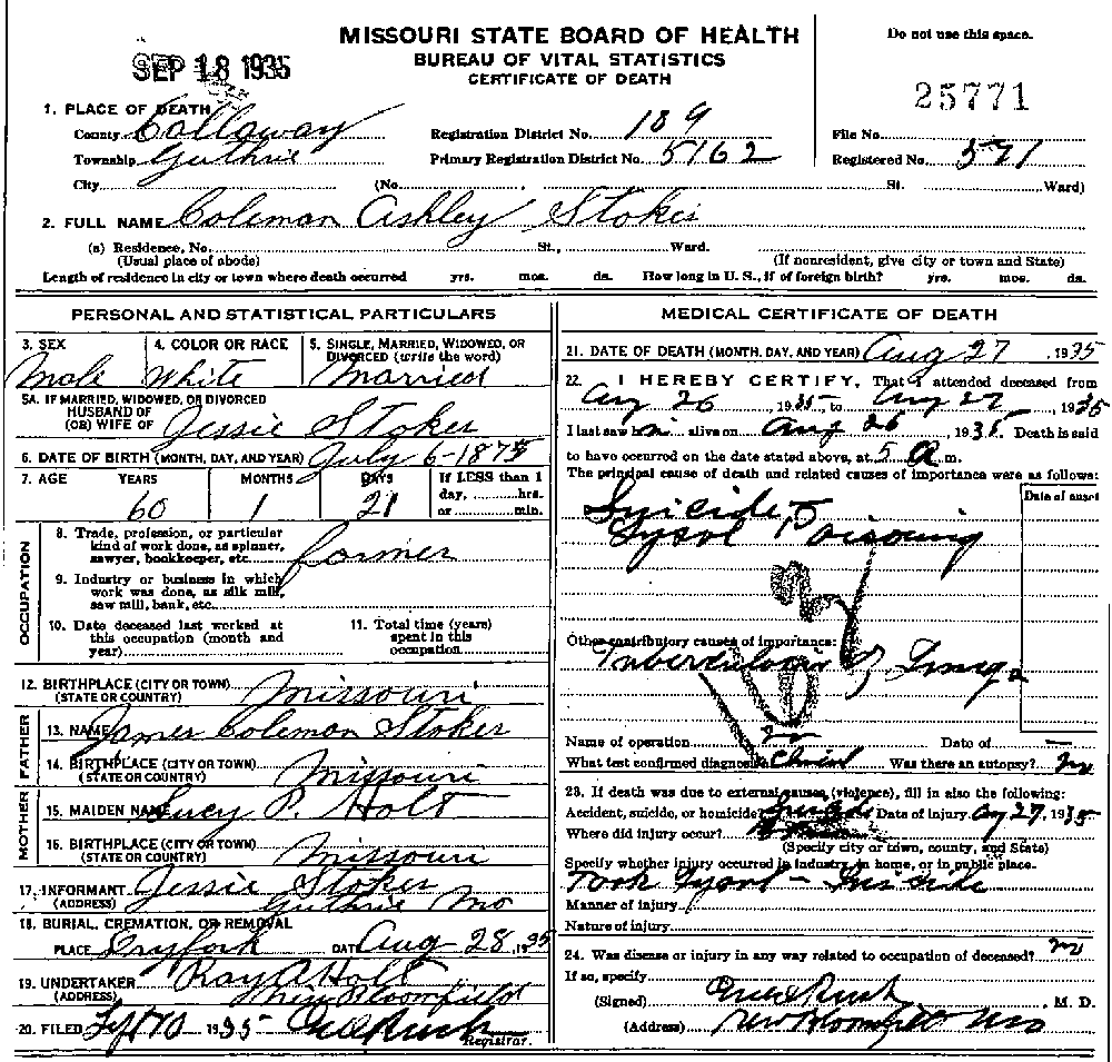 Death Certificate of Stokes, Colman Ashley