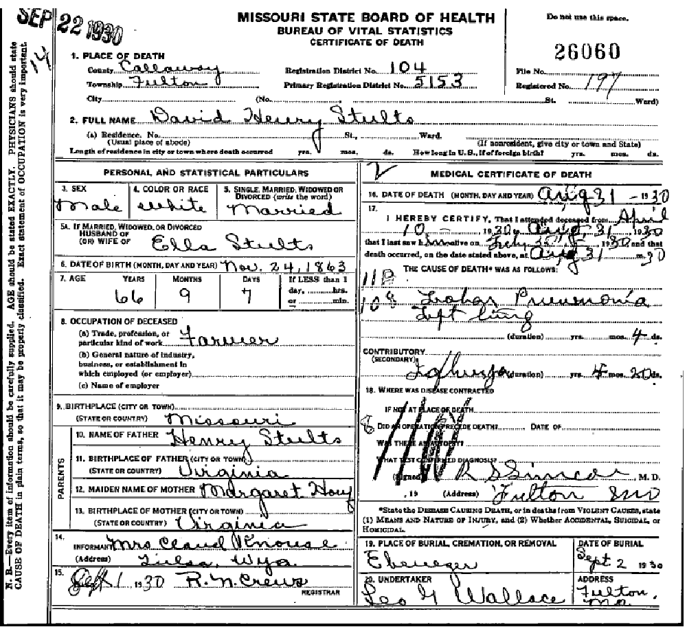 Death Certificate of Stultz, David Henry