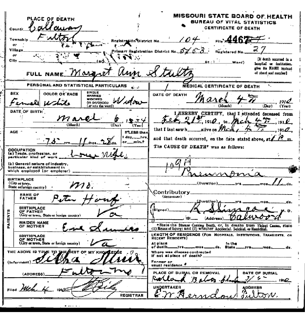 Death certificate of Stultz, Margaret Ann Houf