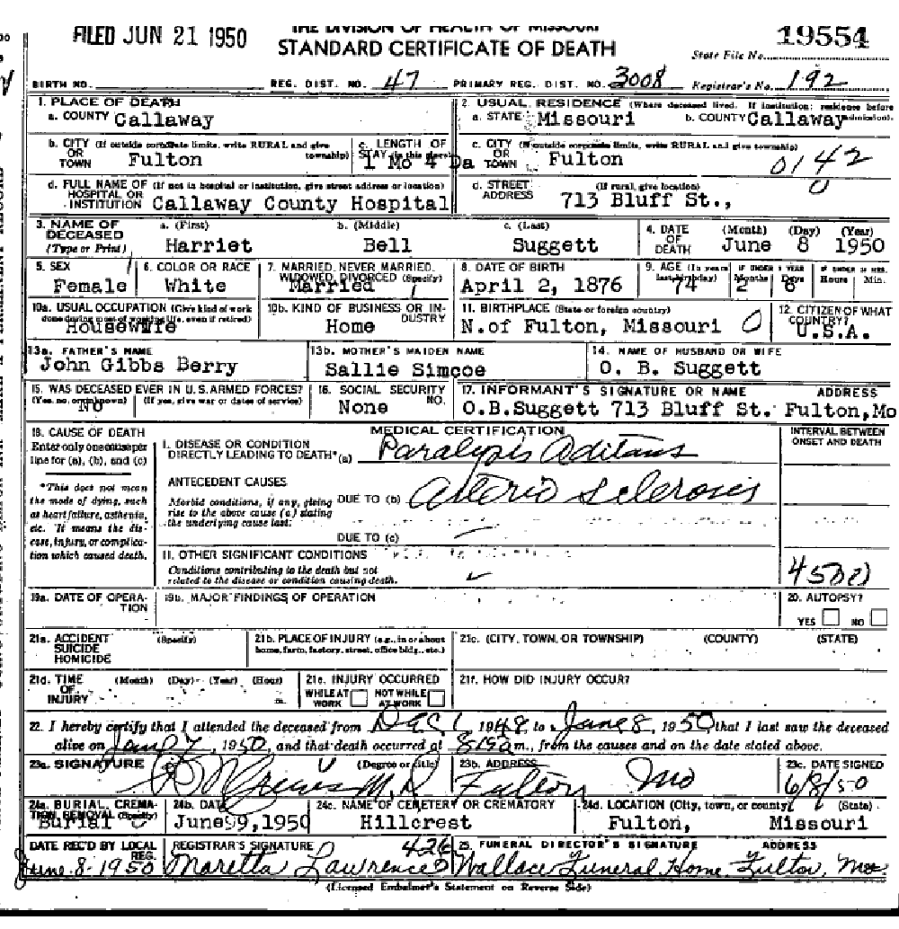 Death certificate of Suggett, Harriet Belle Berry