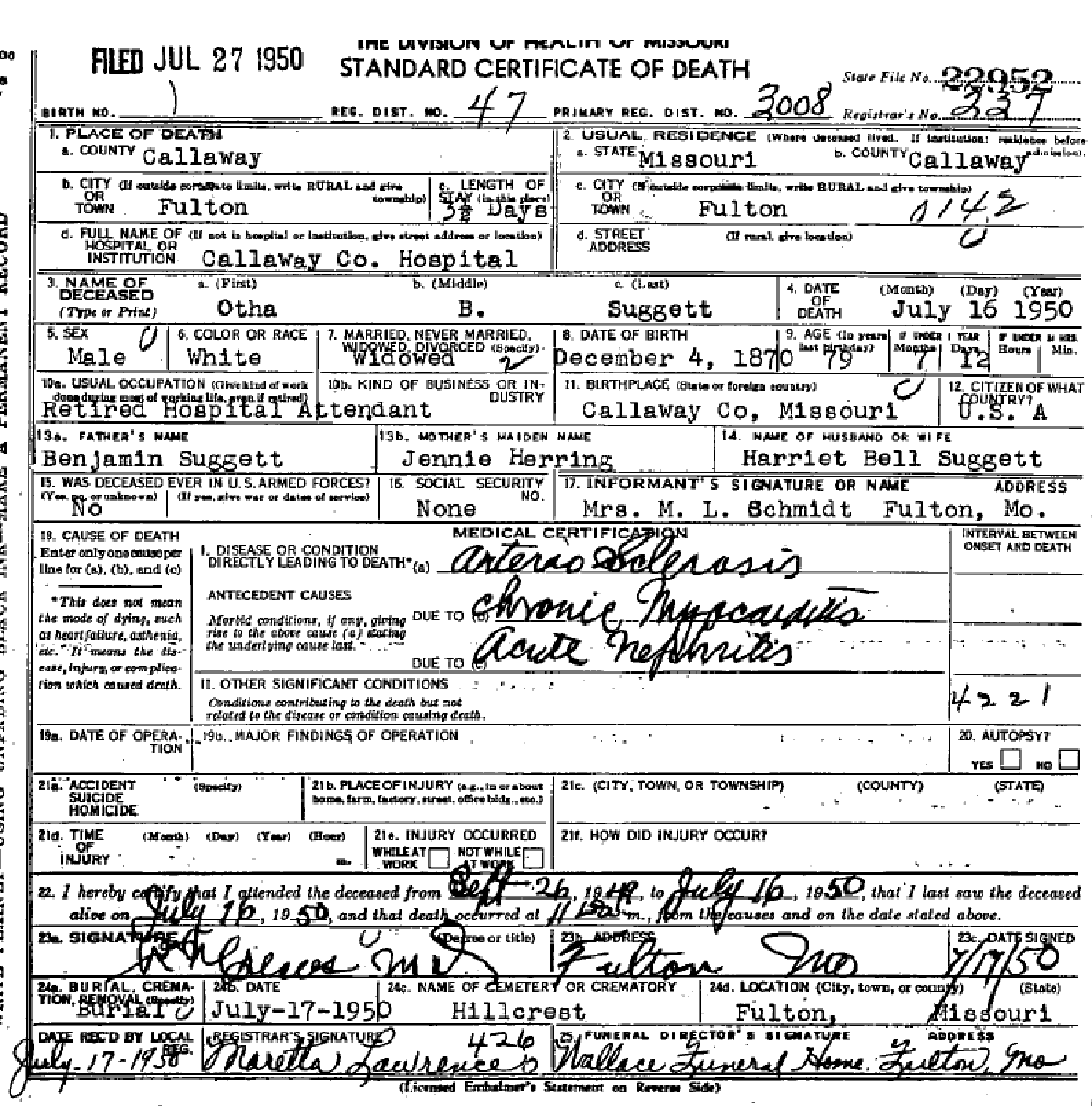 Death certificate of Suggett, Otho B.