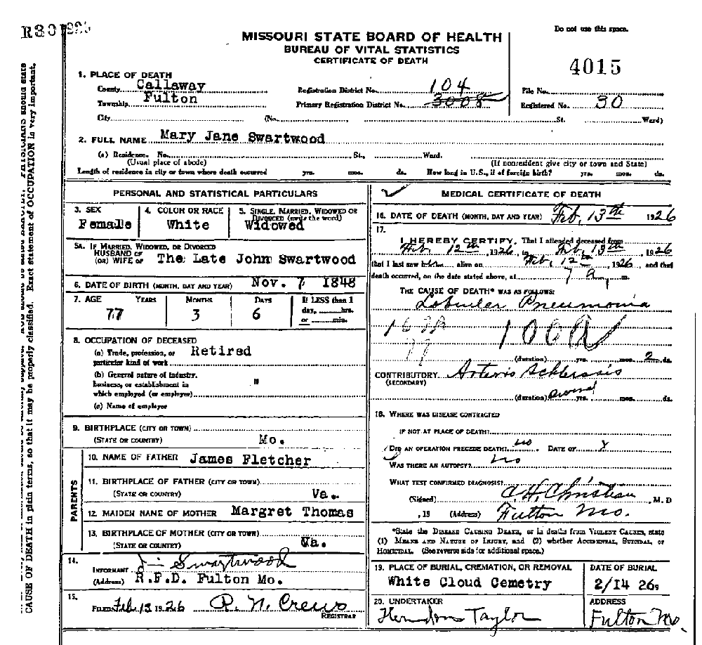 Death Certificate of Swartwood, Mary Jane Fletcher