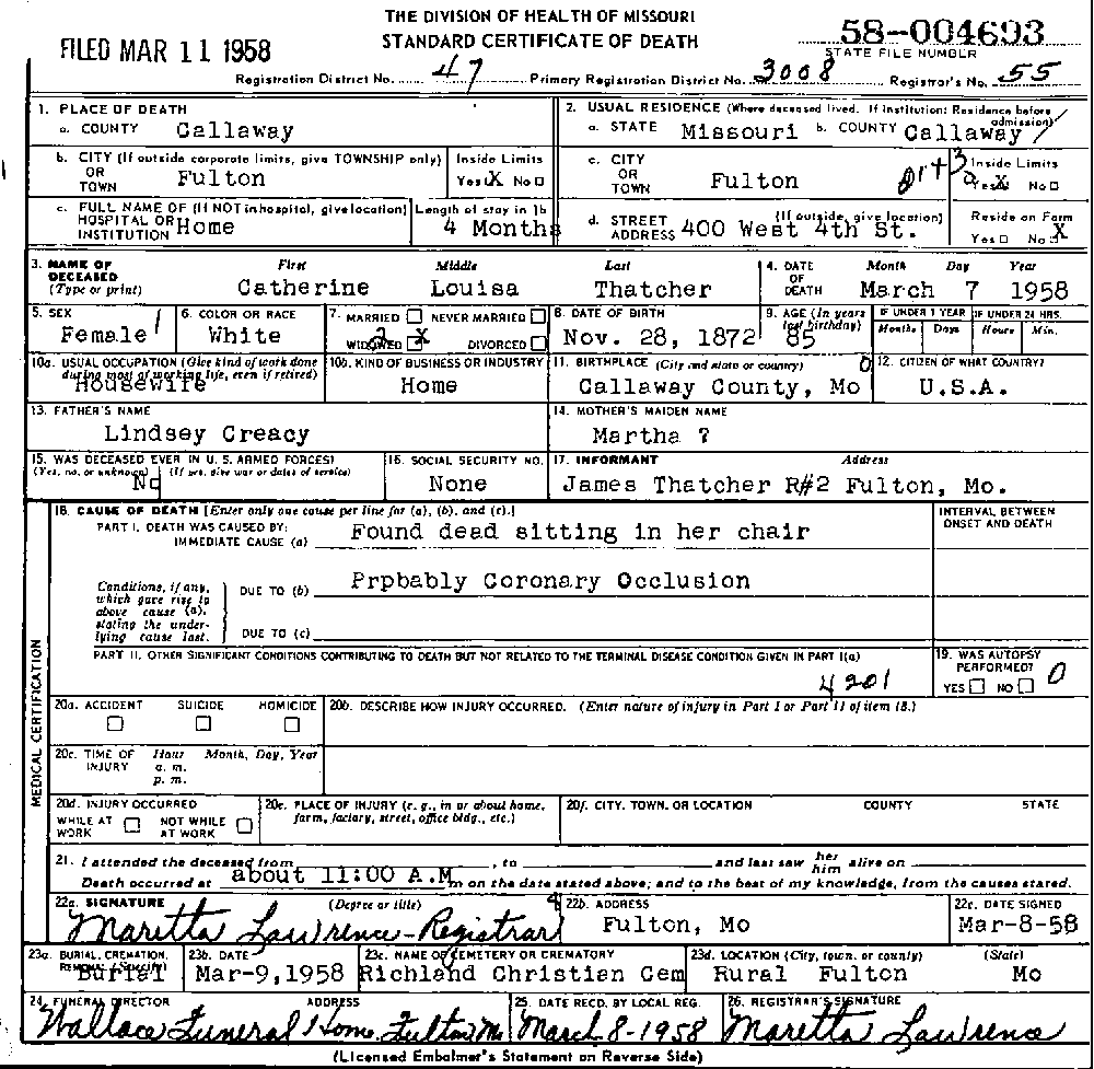 Death Certificate of Thatcher, Catherine Louisa Creasy