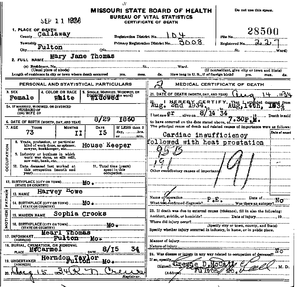 Death Certificate of Thomas, Mary Jane Howe