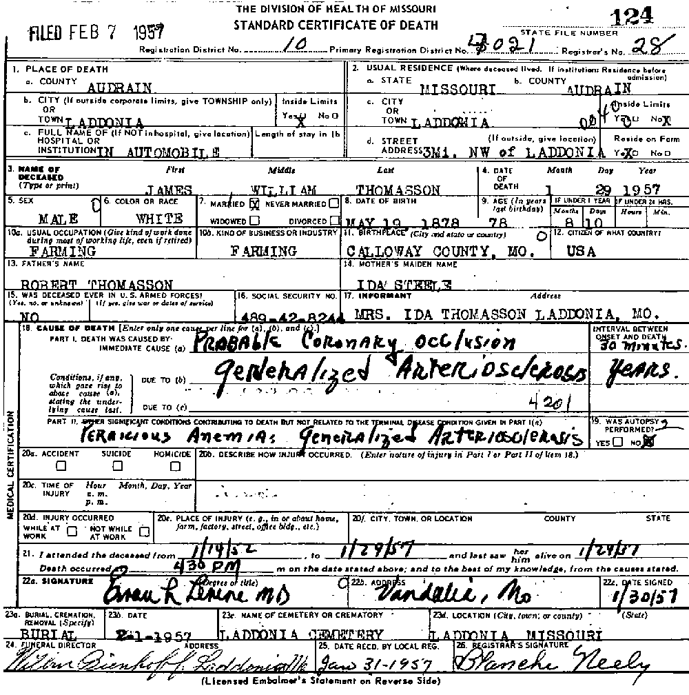 Death Certificate of Thomasson, James William