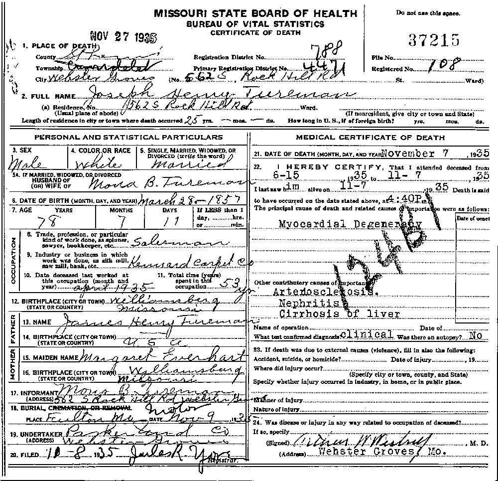 Death Certificate of Tureman, Joseph Henry