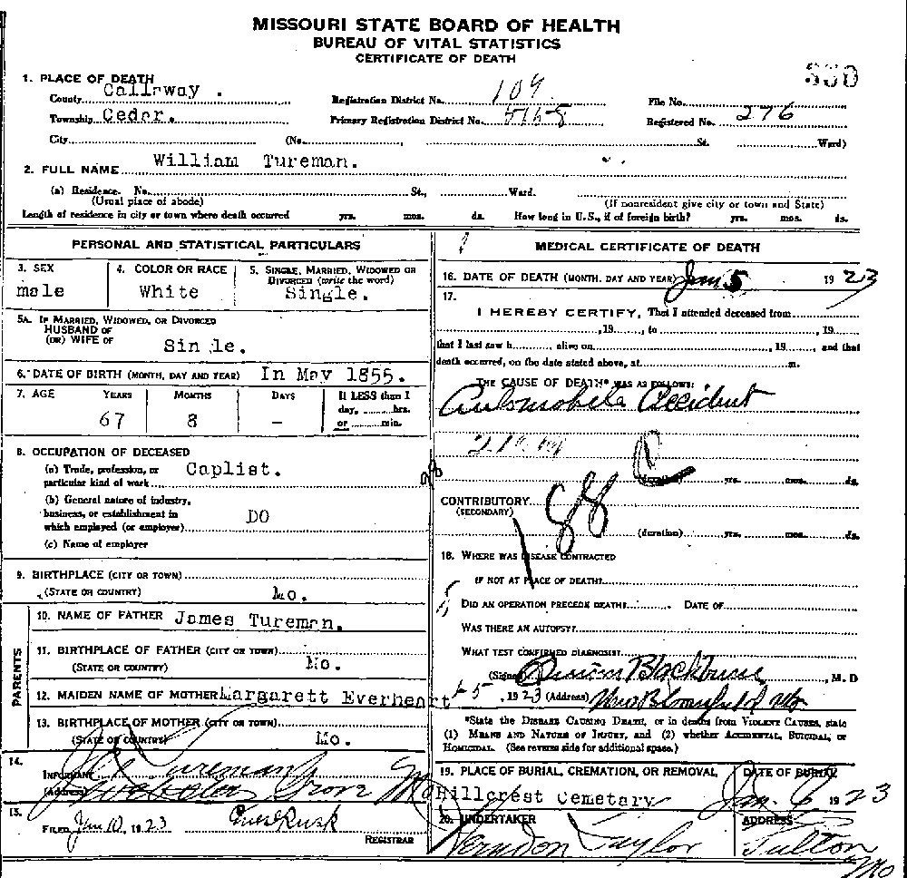 Death Certificate of Tureman, William T.