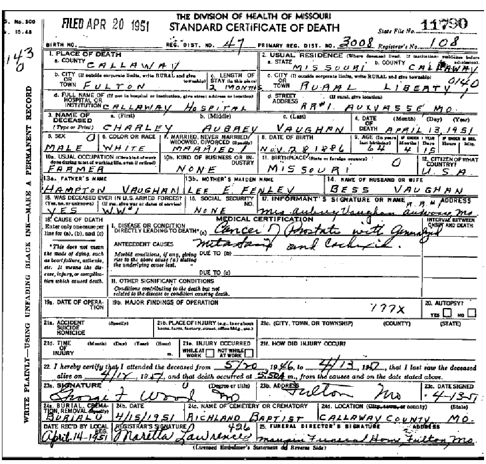 Death certificate of Vaughn, Charles Aubrey
