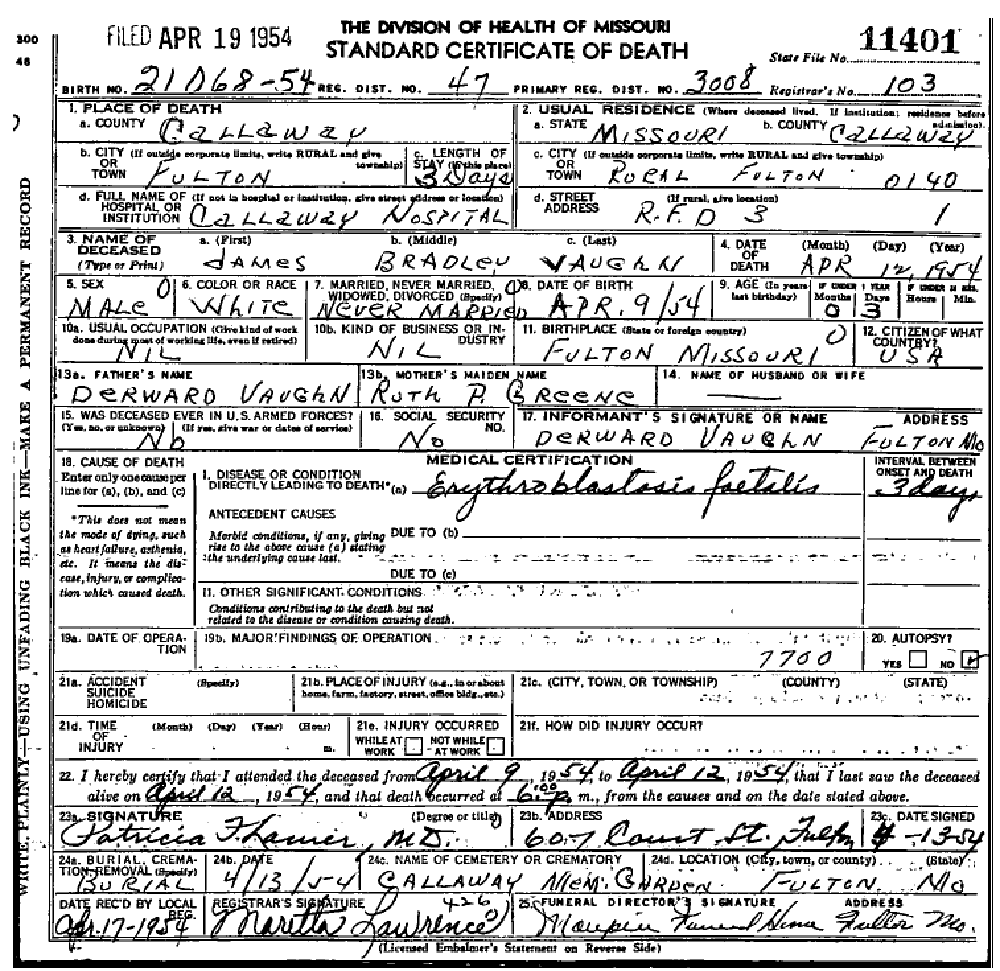 Death certificate of Vaughn, James Bradley