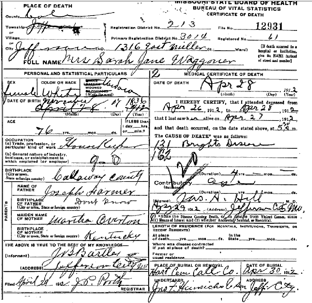 Death certificate of Waggoner, Sarah Farmer Bartley