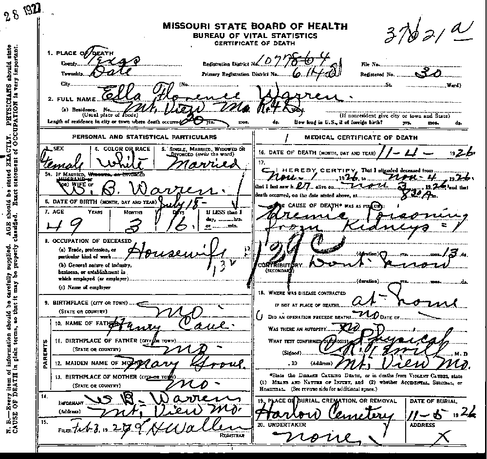 Death Certificate of Warren, Ella Florence Cave