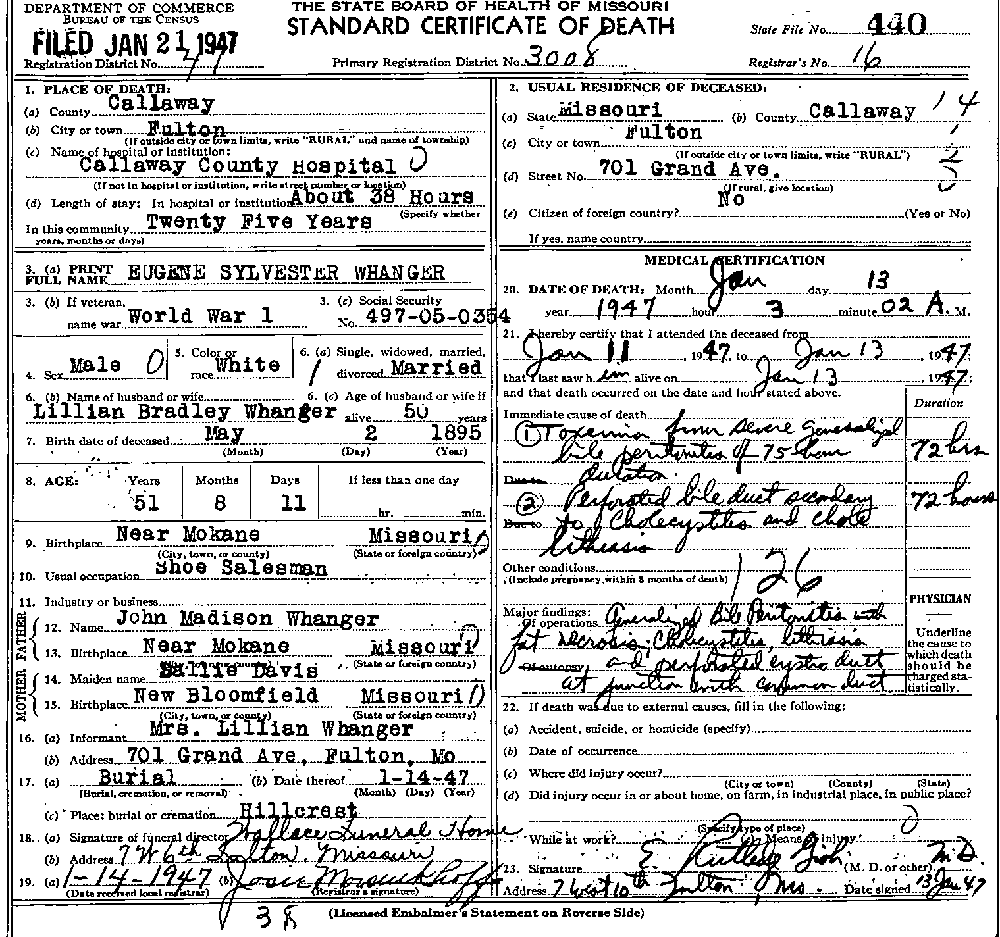 Death Certificate of Whanger, Eugene Sylvester