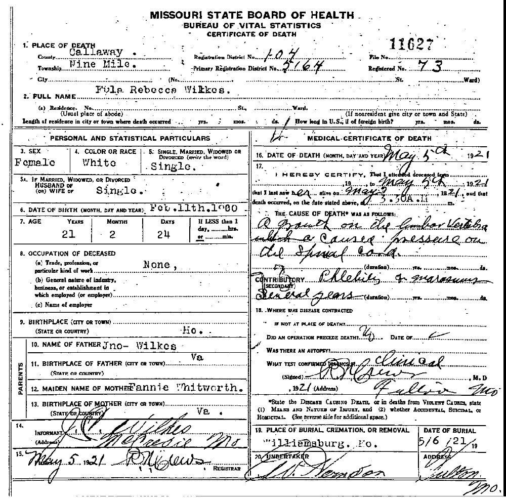 Death Certificate of Wilkes, Ulah Rebecca