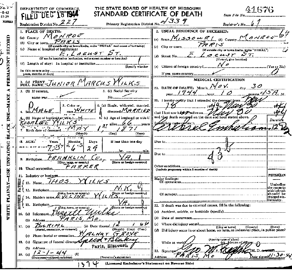 Death Certificate of Wilks, Marcus