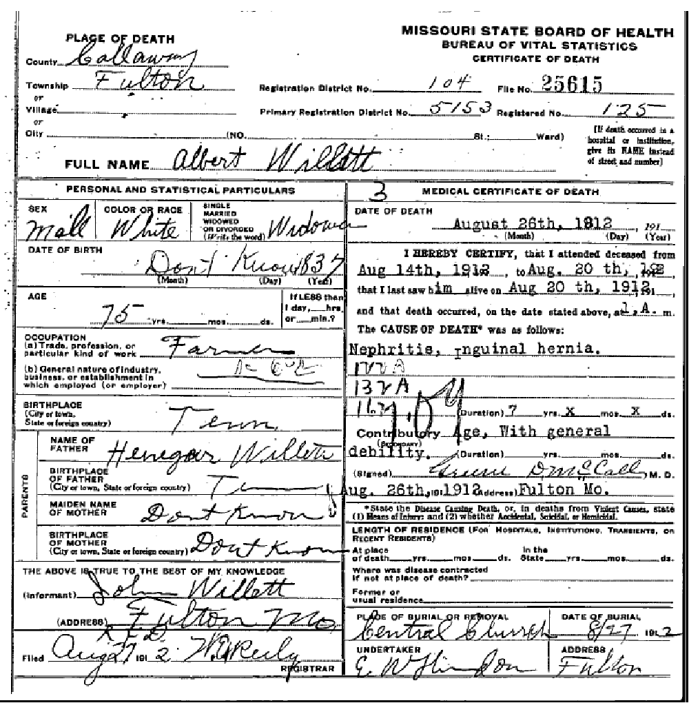 Death certificate of Willett, Albert