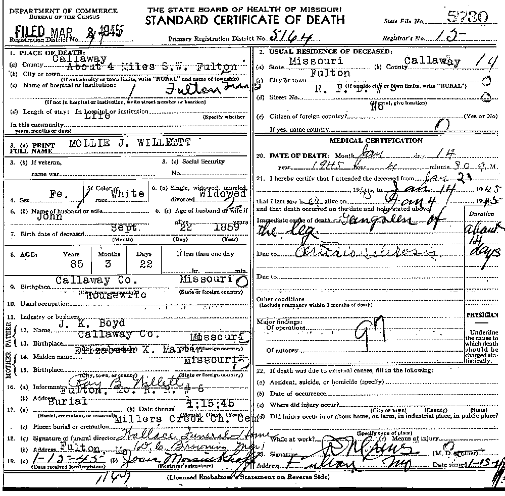 Death certificate of Willett, Mary Mollie Boyd