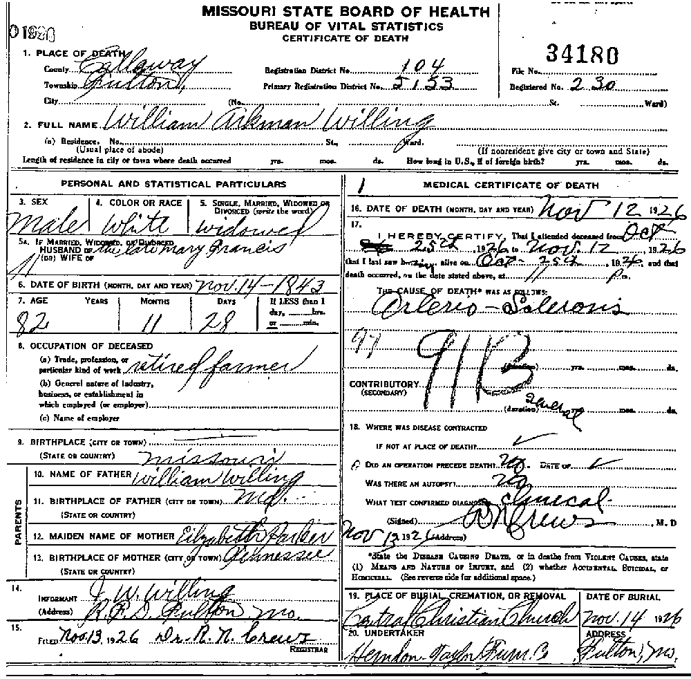 Death certificate of Willing, William Allen