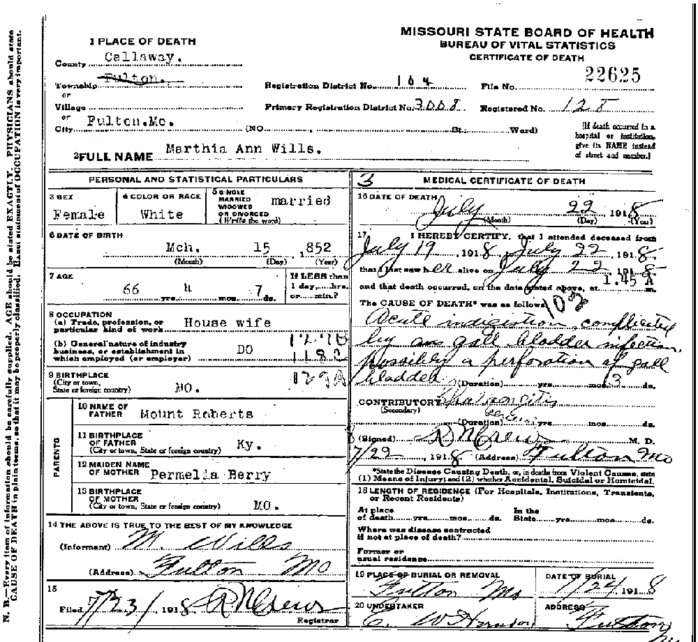 Death Certificate of Wills, Martha Ann Roberts
