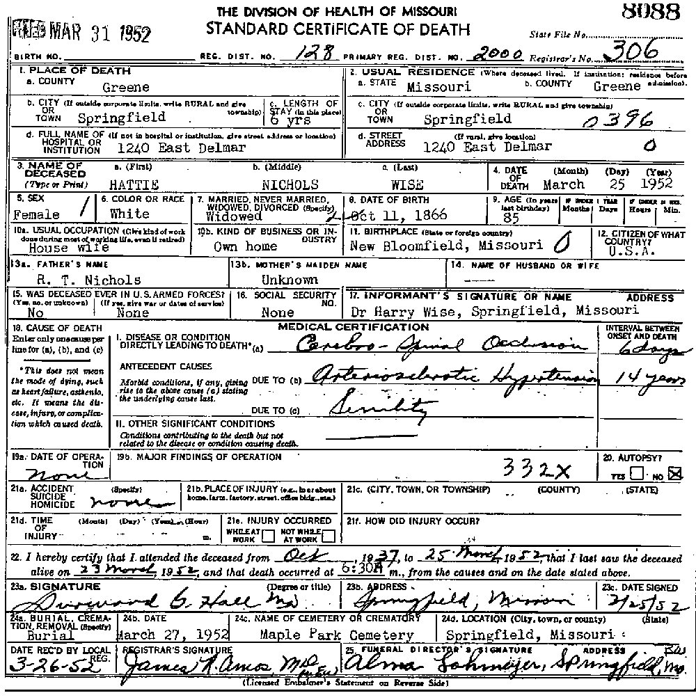 Death certificate of Wise, Hattie Wilson Nichols