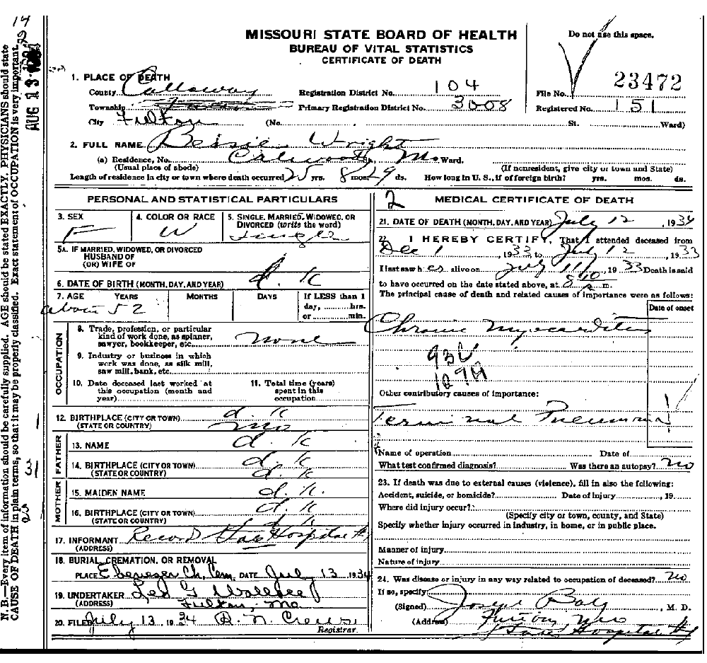 Death Certificate of Wright, Bessie