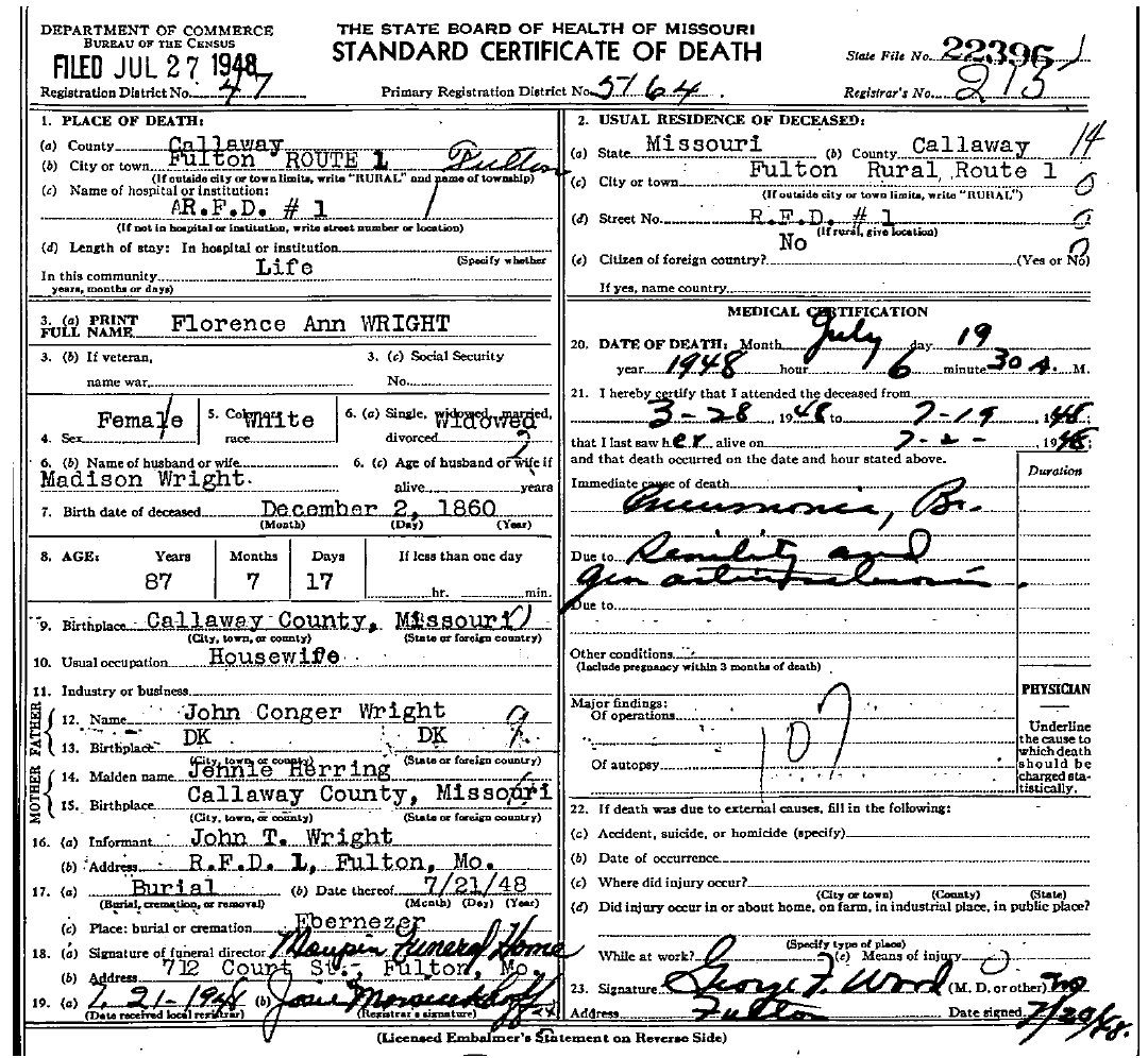 Death Certificate of Wright, Florance Ann Conger