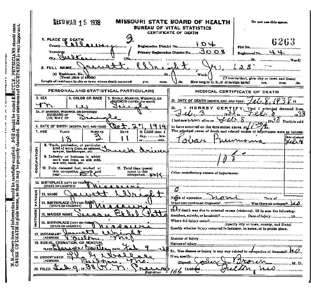 Death Certificate of Wright, Jewett Madison Jr.