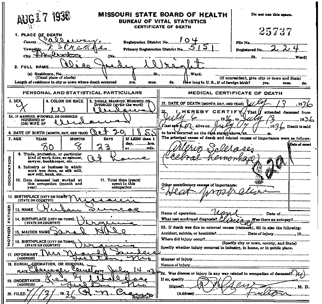 Death Certificate of Wright, Judith Alice Simco
