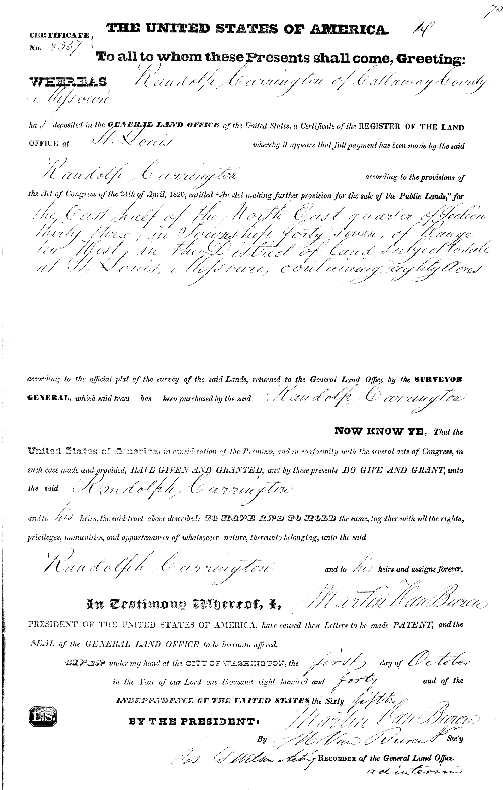 Land patent - Carrington, Randolph