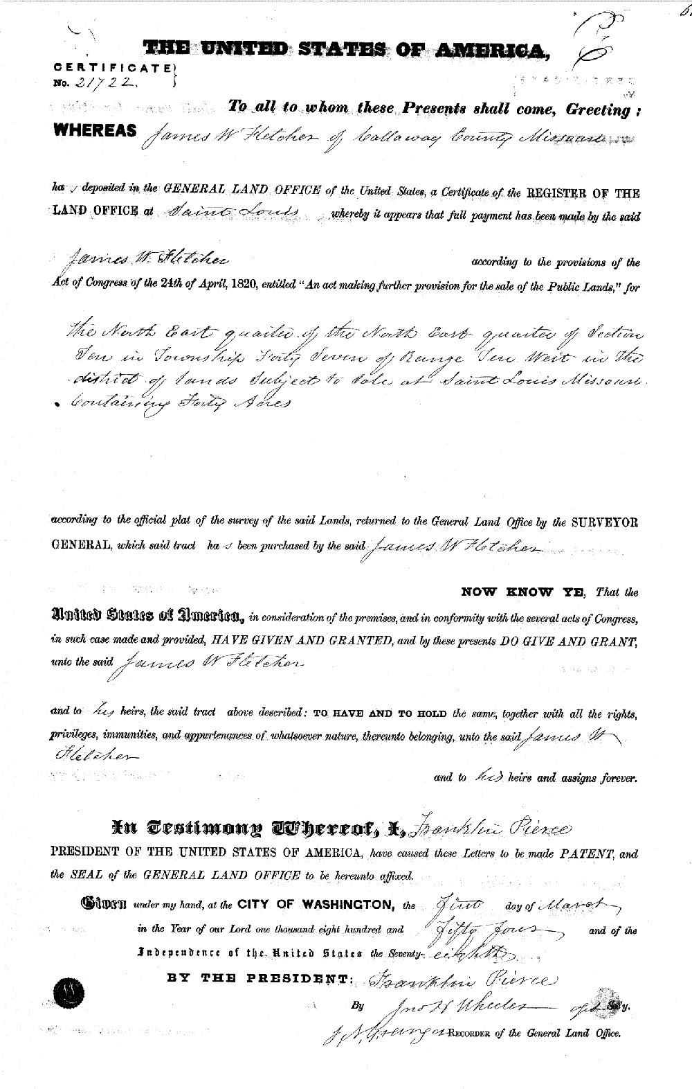 Land patent - Fletcher, James W.