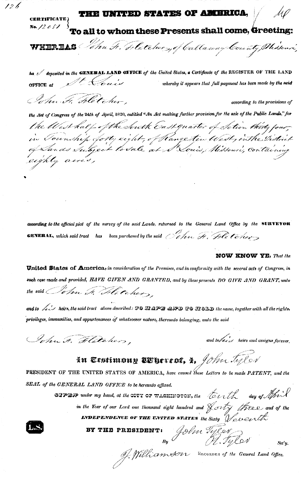 Land patent - Fletcher, John F.