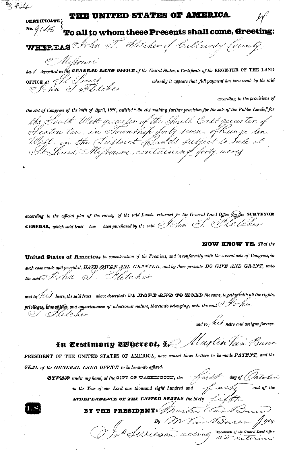 Land patent - Fletcher, John F.