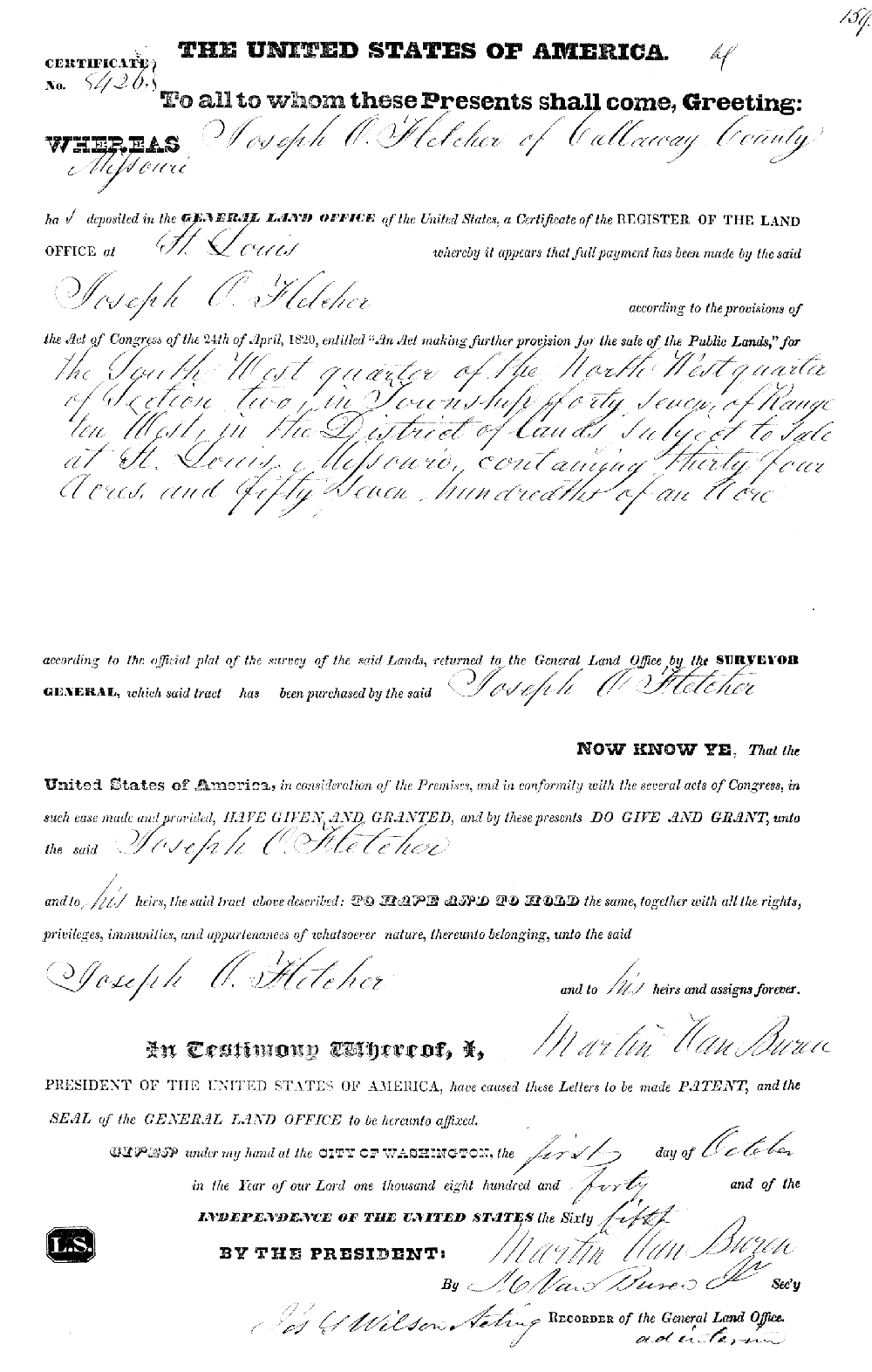 Land patent - Fletcher, Joseph