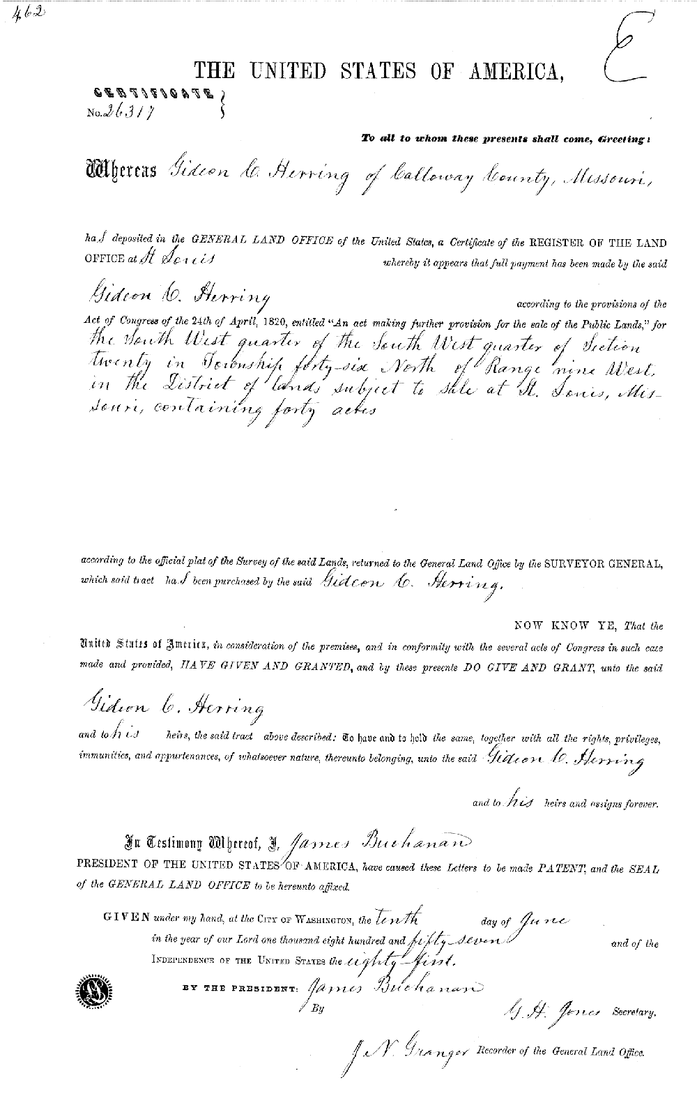 Land patent - Herring, Gideon