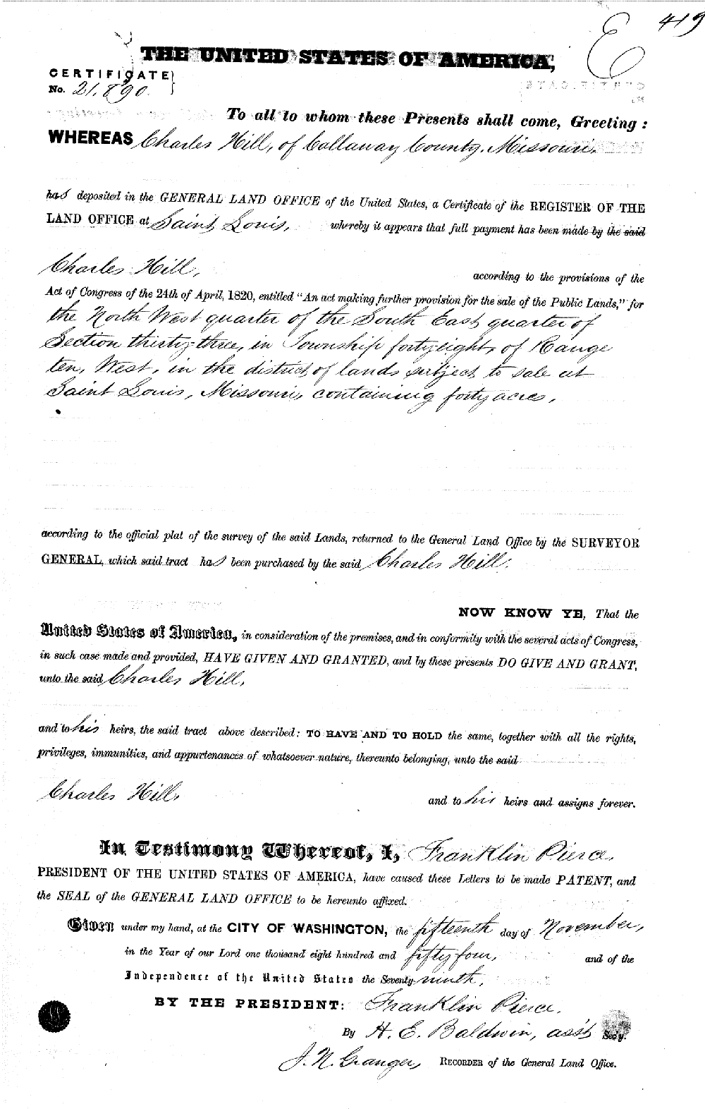 Land patent - Hill, Charles