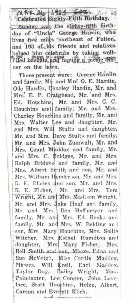 Birthday - George Hardin  - relatives names listed